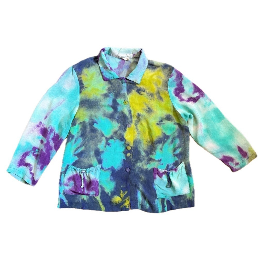 Vintage Nino Wong Tie Dye Button Front Shirt Small Medium Colorful Art To Wear